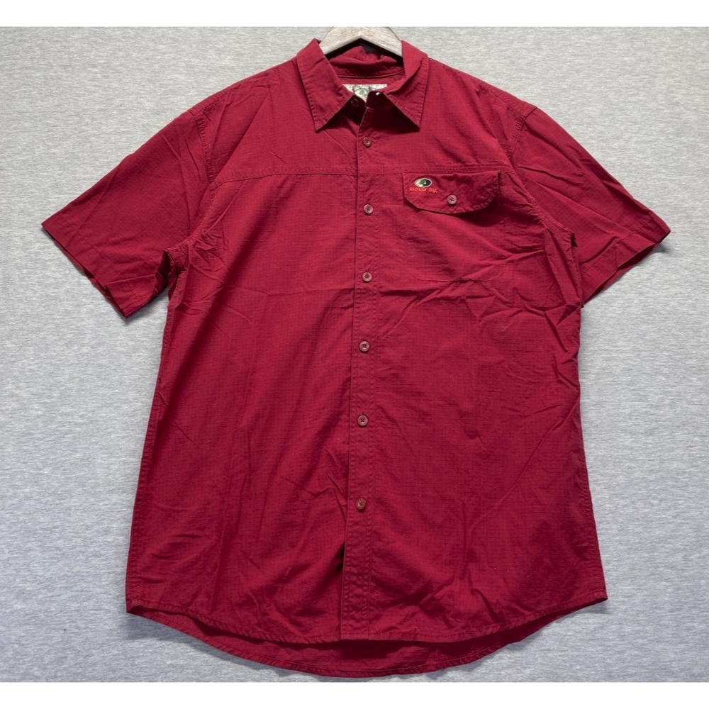 Mossy Oak Button Up Shirt Mens Medium Red Ripstop Pleated Short Sleeve Outdoor